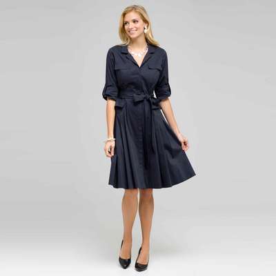 Short Sleeve Belted Shirtdress, Ink, medium