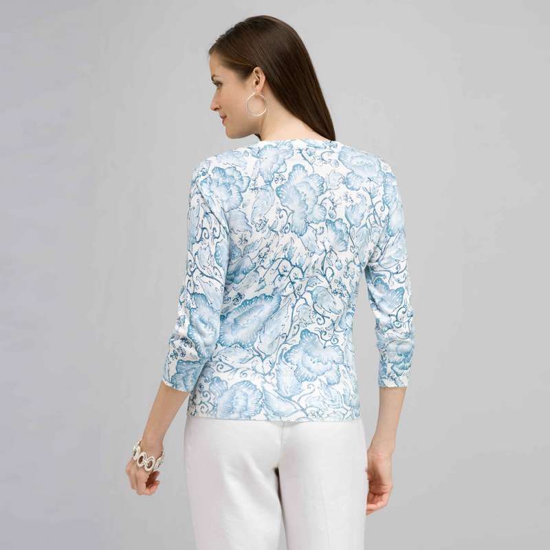 3/4 Sleeve Button Front Crew Neck Cardigan., , large