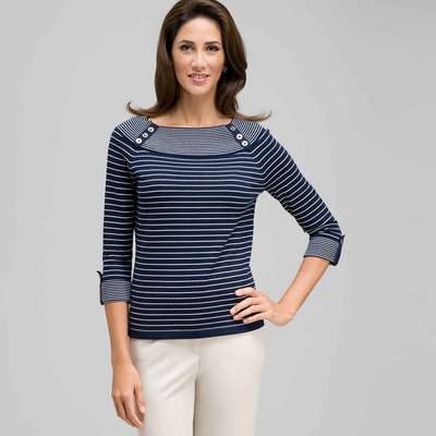3/4 Sleeve Boat Neck Striped Knit, Navy Multi, medium