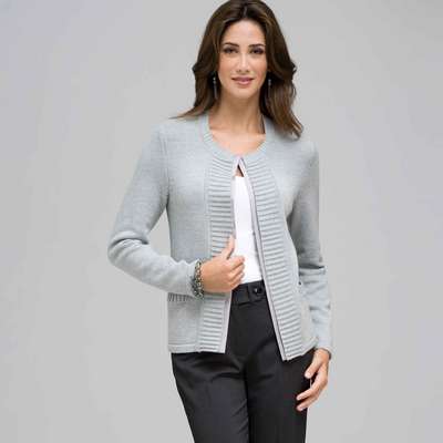 Rib Trim Cardigan, Grey Heather, medium