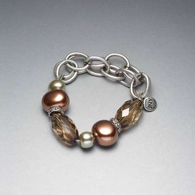 Green and Brown Beaded Frontal Collar Bracelet, Silver Ox, medium