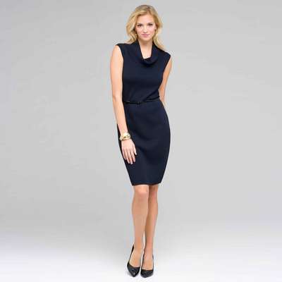 Sleeveless Belted Cowl Neck Dress, Ink, medium