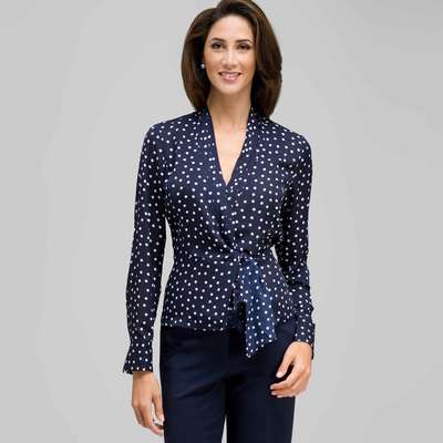 Long Sleeve Tie Front Blouse, Admiral Navy & White, medium
