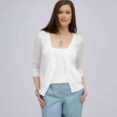 Beaded 3/4 Sleeve Cardigan., White, medium