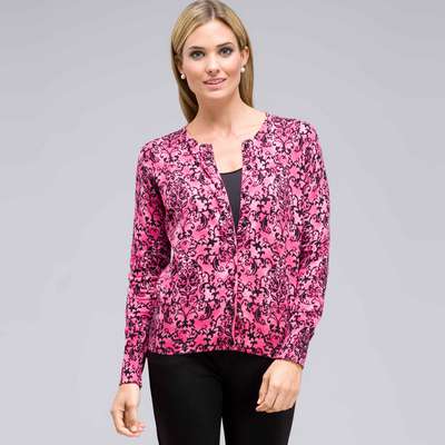 Button Front Crew Neck Cardigan, Begonia Multi, medium