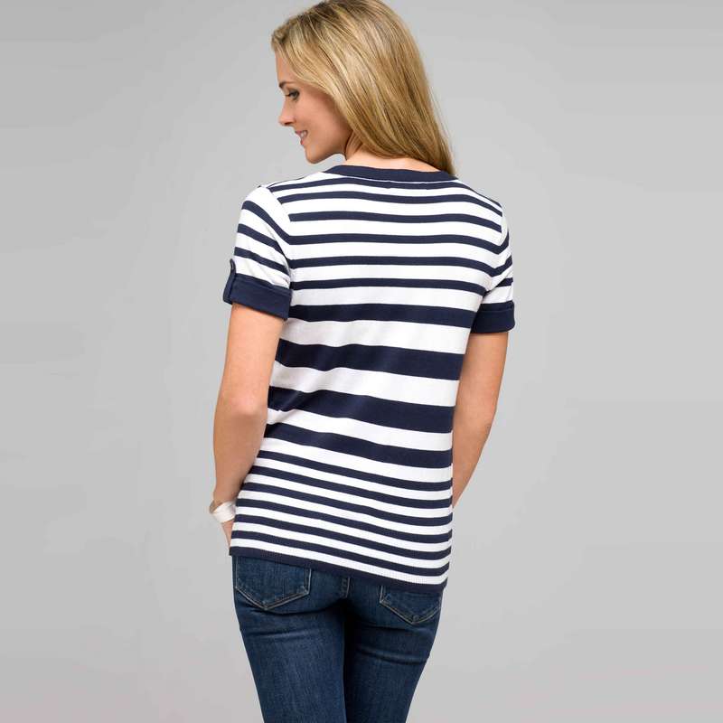 Striped Sleeve V-Neck Roll Cuff Tee, , large