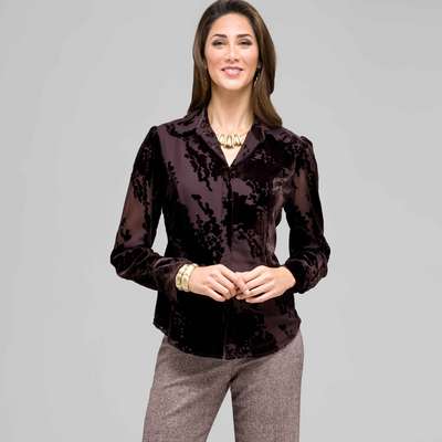 Long Sleeve Covered Placket Blouse, Brown, medium