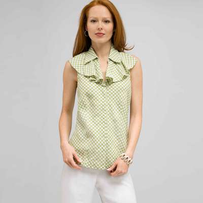Ruffle Front Sleeveless Blouse., Sugar Pea and White, medium
