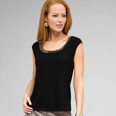 Sleeveless Beaded Shell, Black, medium