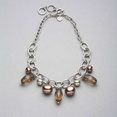 Green and Brown Beaded Frontal Collar Necklace, Silver Ox, medium